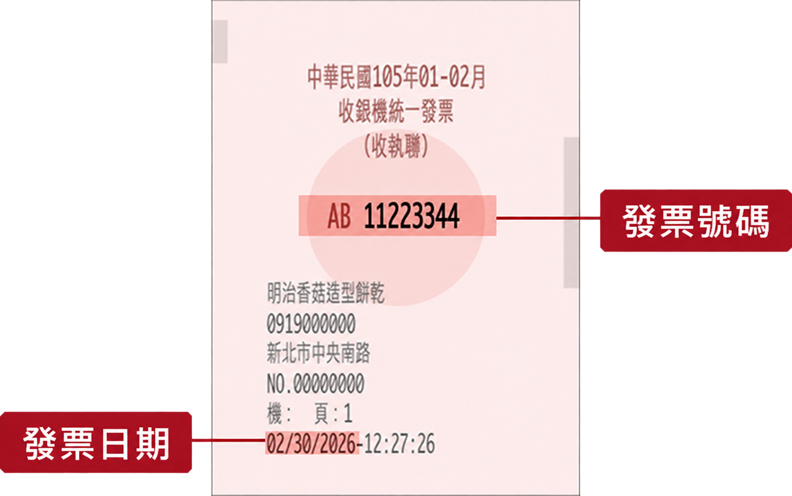範例：請拍下完整發票，確認發票號碼、發票日期及產品名稱清晰可辨。